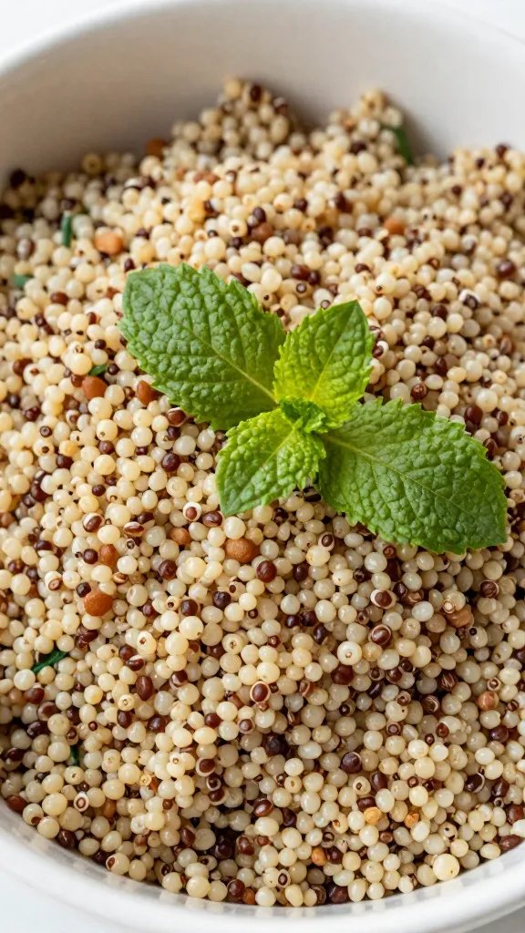 closeup quinoa tabbouleh bowl with mint garnish