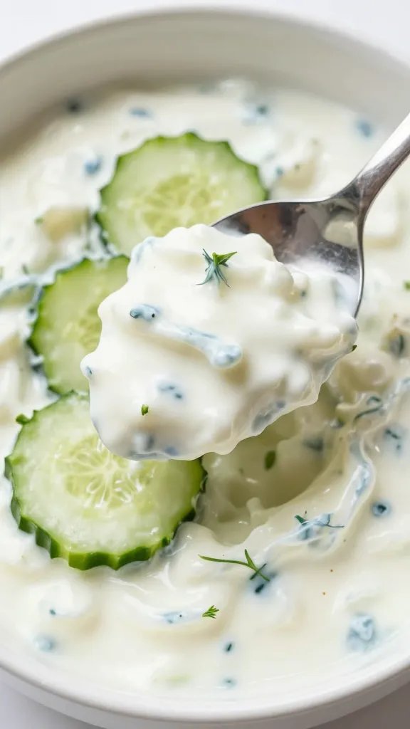closeup cucumber-dill yogurt salad spoon in bowl