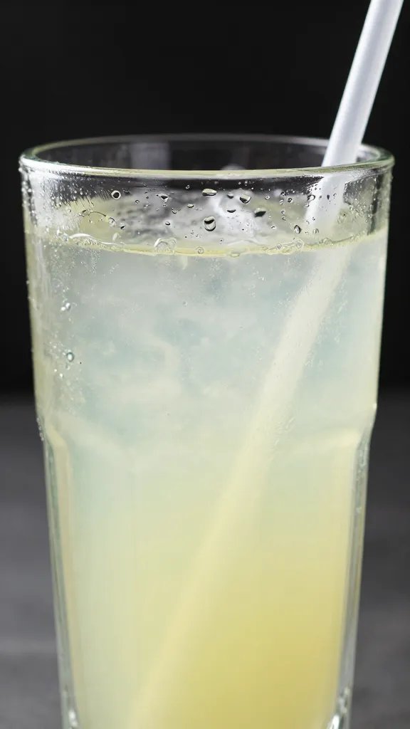 closeup glass of lemonade with condensation and straw