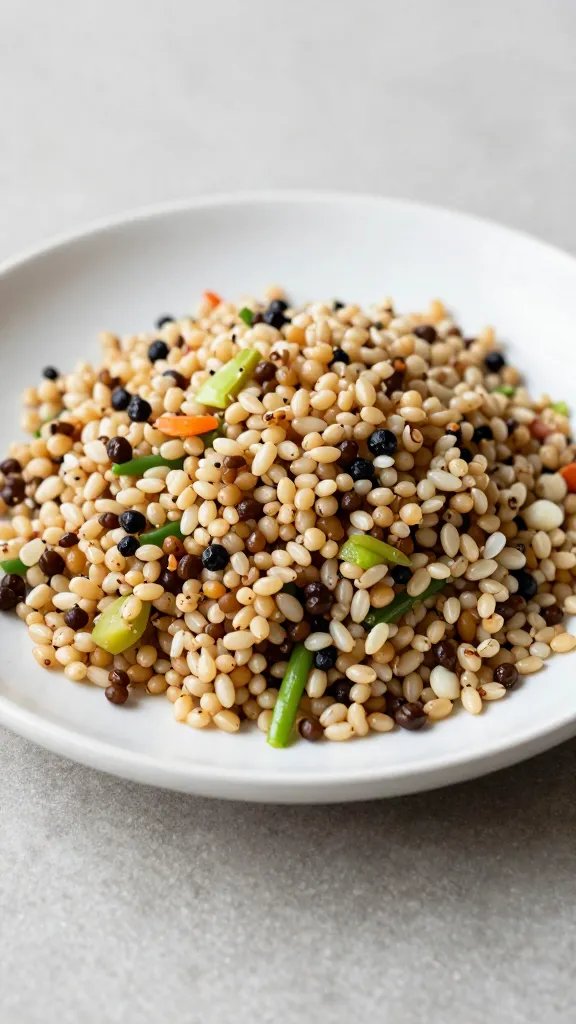 closeup platter of simple grain salad on neutral table