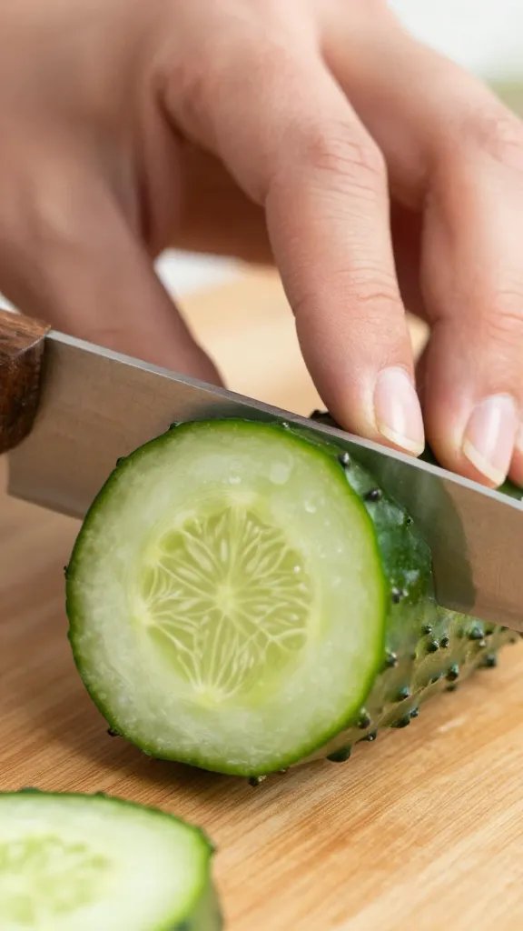 closeup wooden picnic knife cutting a cucumber half