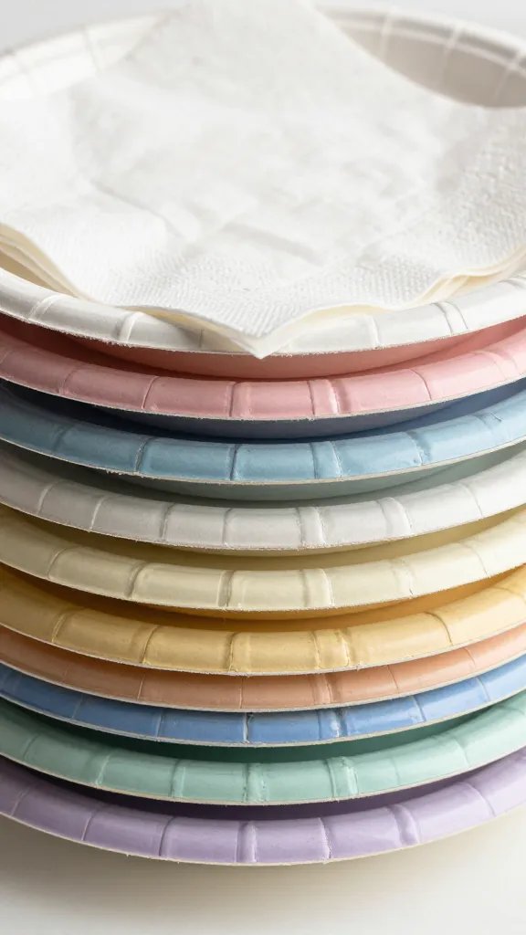 closeup stack of pastel paper plates with napkins