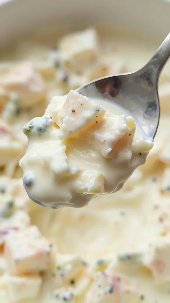 closeup serving spoon scooping creamy salad