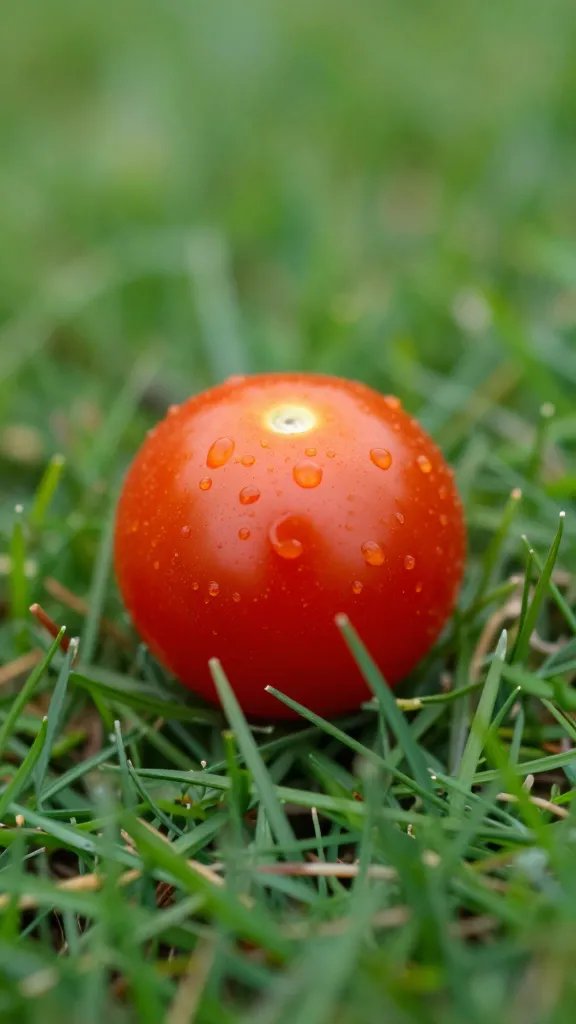 closeup single cherry tomato on green lawn