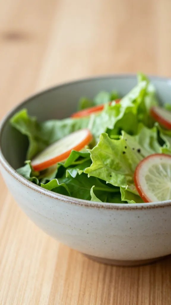 closeup handmade ceramic bowl of salad on wood surface