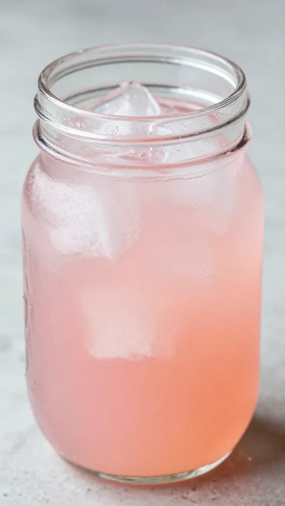 closeup of single mason jar with pink lemonade ice