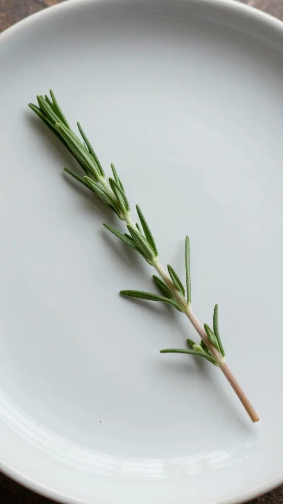 closeup of herb sprig resting on pale ceramic plate