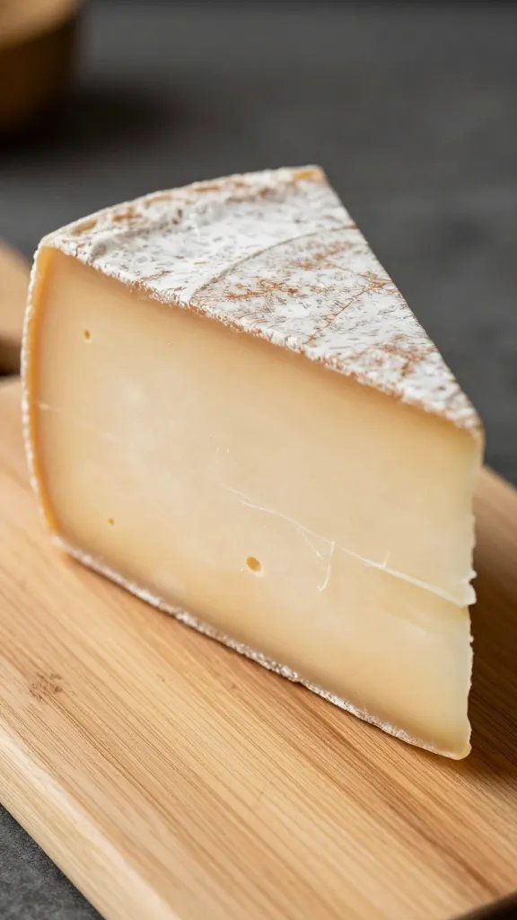 closeup of single artisanal cheese wedge on wood board