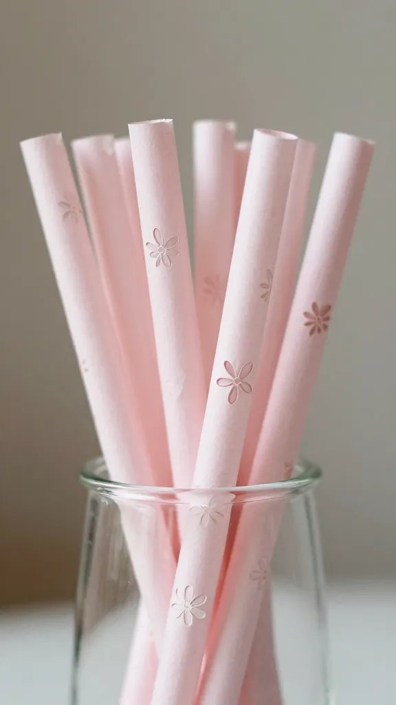 closeup of delicate floral paper straw in glass