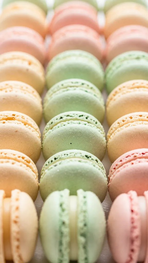closeup of pastel macarons stacked in a neat row