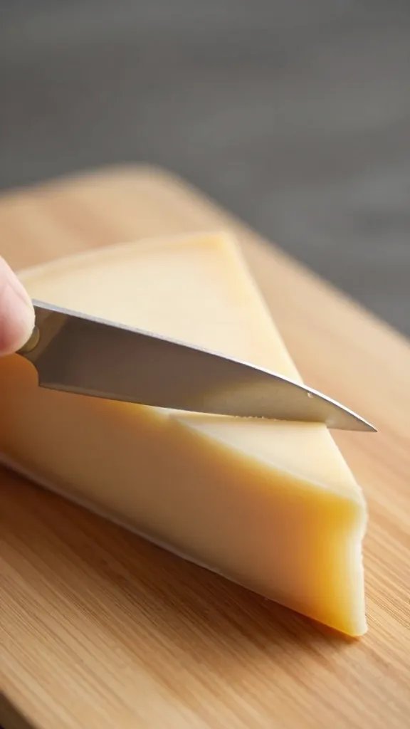 closeup of cheese knife slicing a wedge on board
