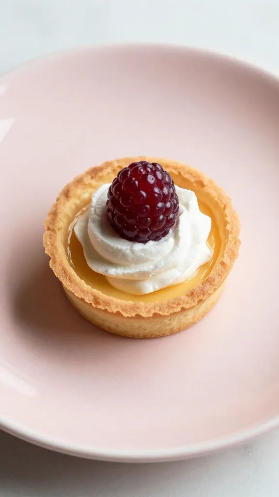 closeup of mini dessert tart on blush porcelain plate