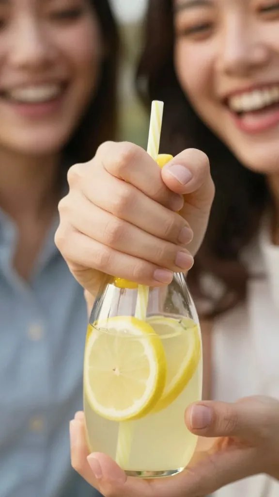 closeup of a laughing friend squeezing lemonade