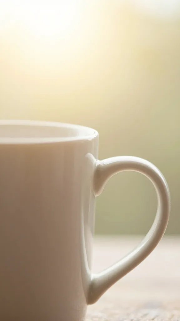 closeup of a coffee mug with sun flare backdrop