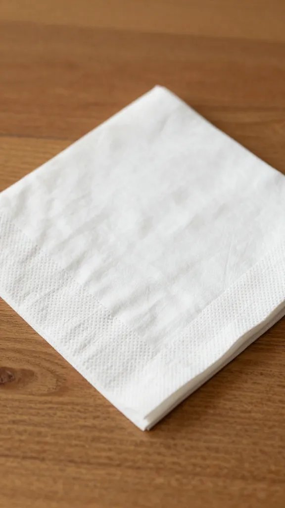 closeup of a single napkin folded with a wooden table