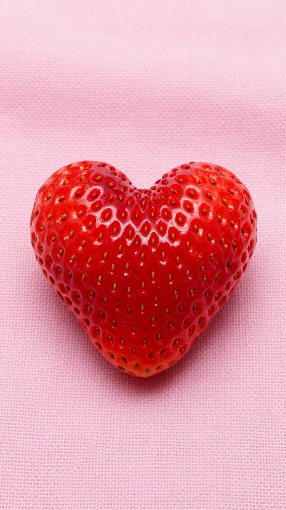 closeup of a heart-shaped strawberry on pink linen
