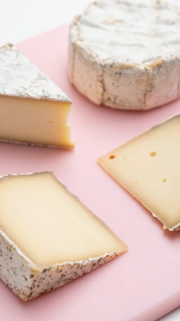 closeup of a pastel pink cheese board with[