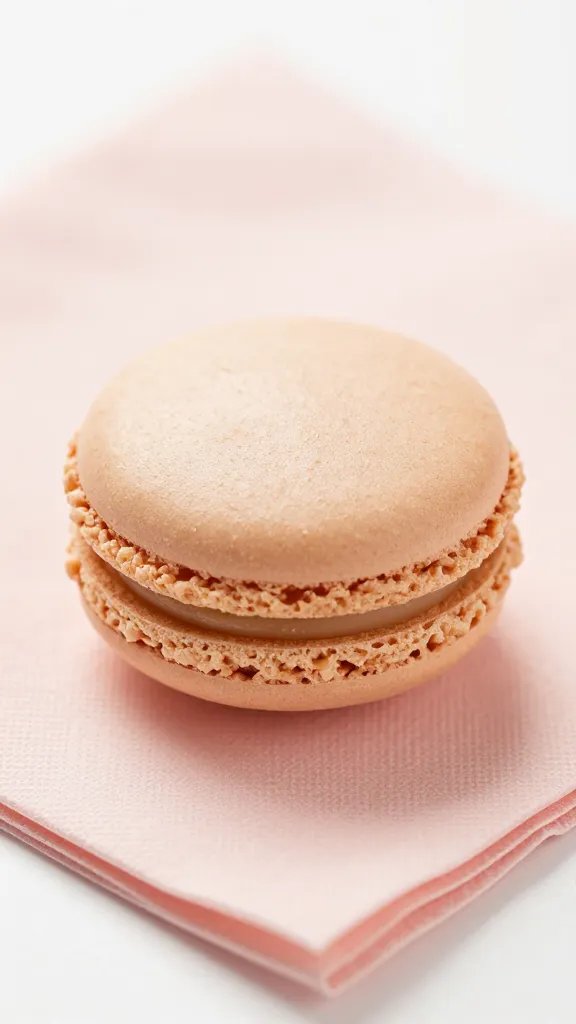 closeup of a single macaroon on a blush napkin