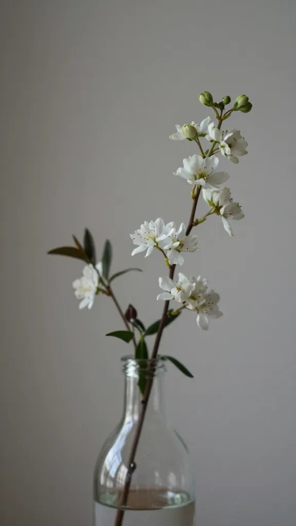 closeup of a floral sprig in a glass bottle centerpiece