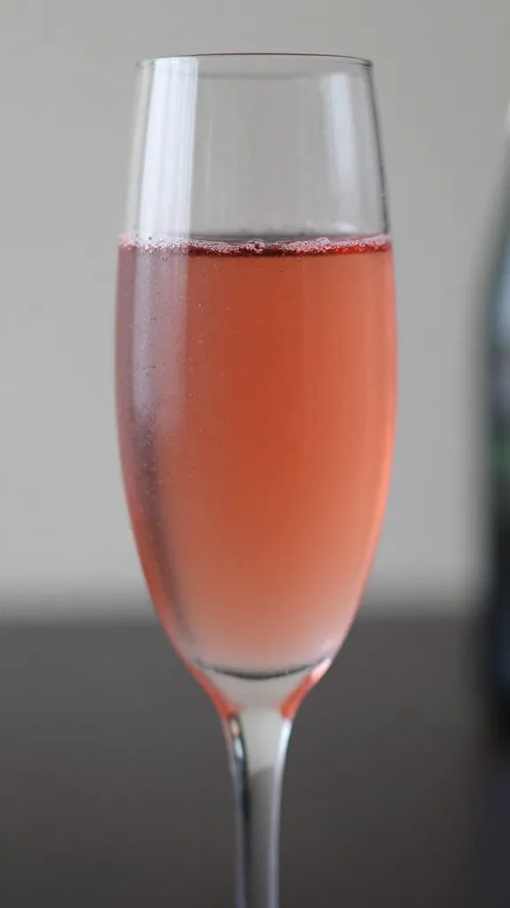 closeup of a single champagne flute with pink liquid