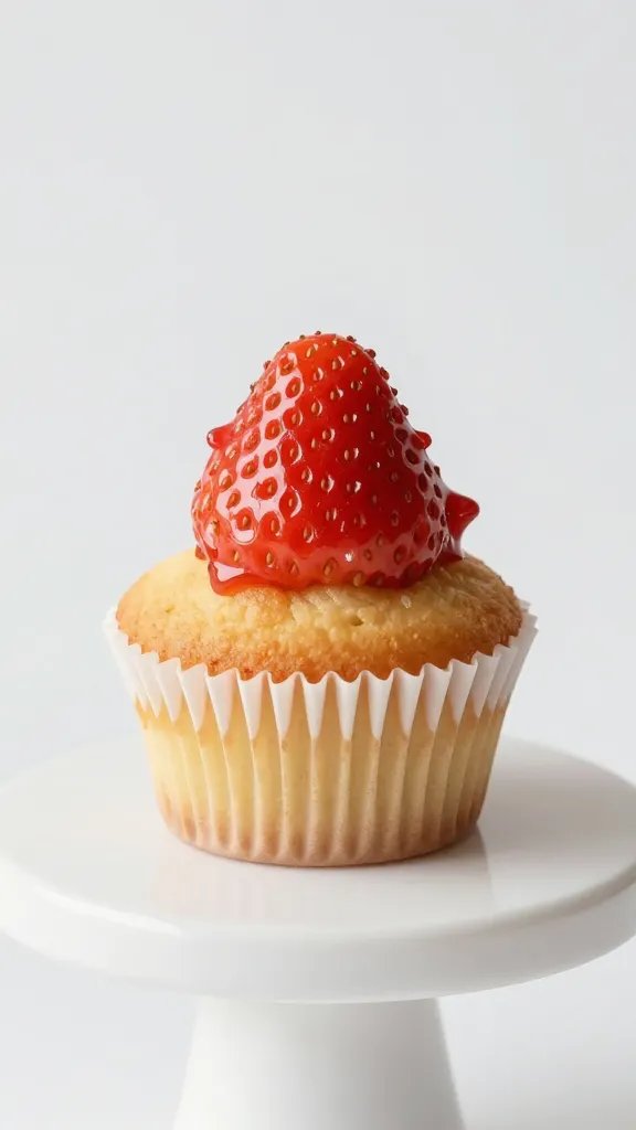 closeup of a mini cupcake with strawberry topping on white pedestal