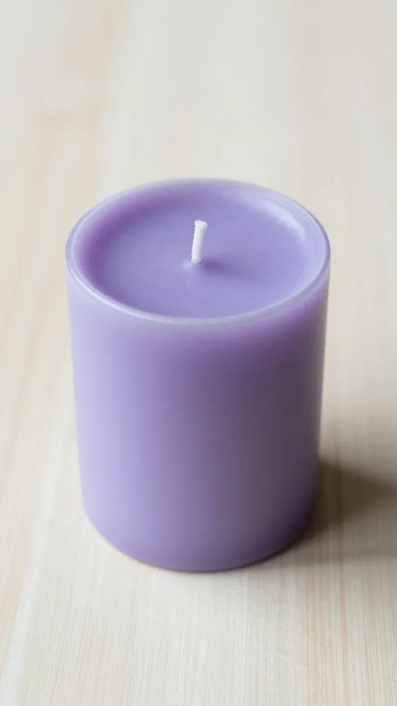 closeup of a single lavender candle on pale wood