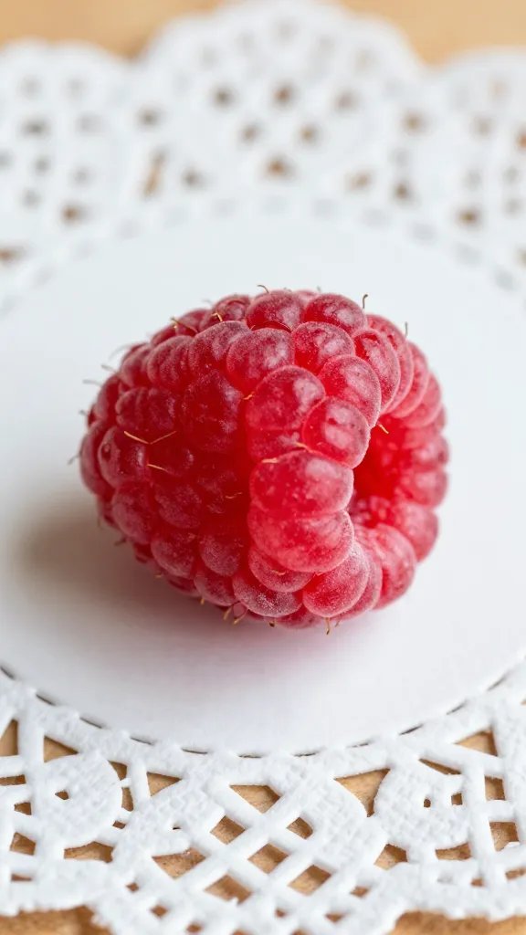 closeup of a single raspberries cluster on lace doily