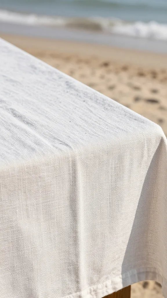 closeup linen tablecloth texture with coastal sand in background
