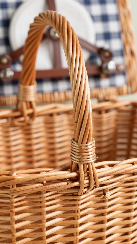 closeup chic wicker picnic basket handle and rope detail