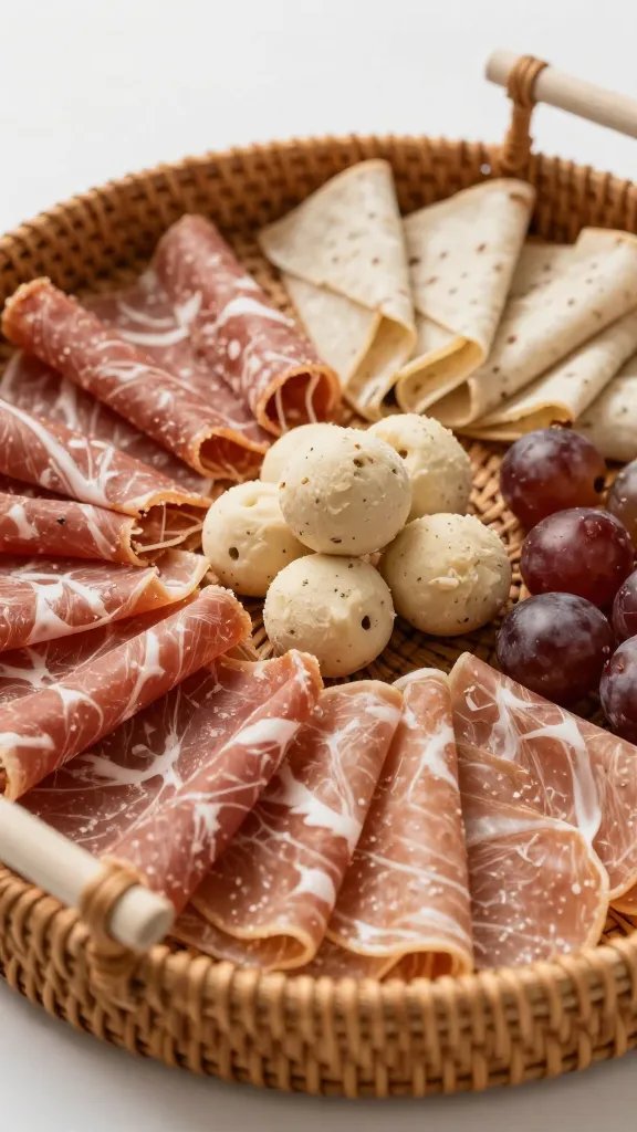 closeup rustic rattan serve tray with antipasti bite