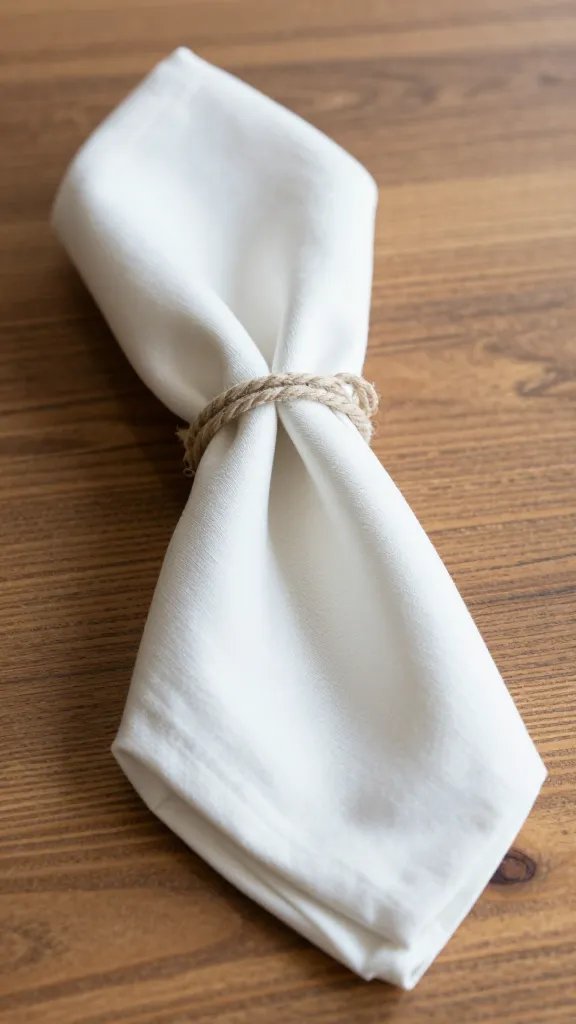 closeup silk napkin tied with rope on wooden table