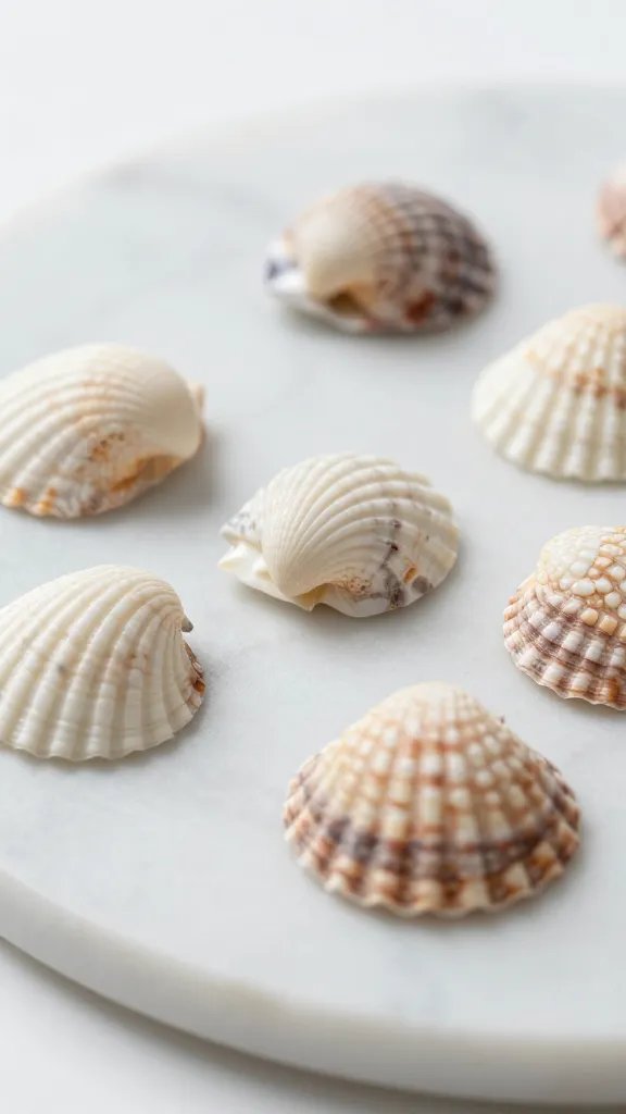 closeup coastal shell accents atop marble serving board