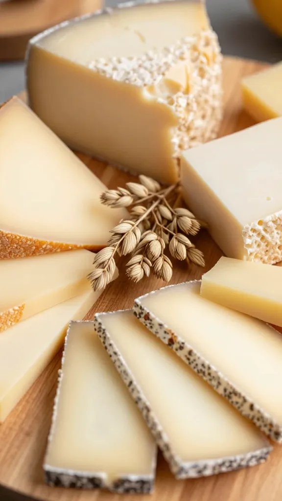 closeup gourmet cheese board with sea oats sprigs