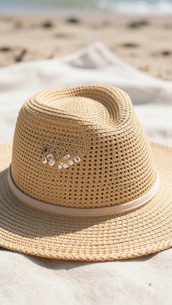 closeup sunhat resting on woven blanket by shoreline