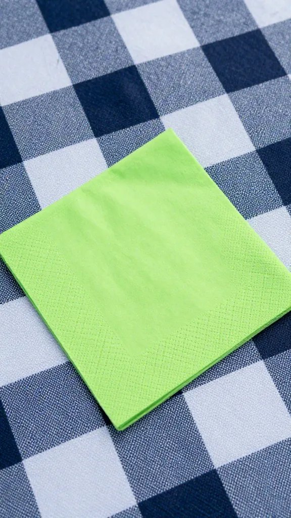 Closeup of a single lime-green napkin on plaid picnic blanket
