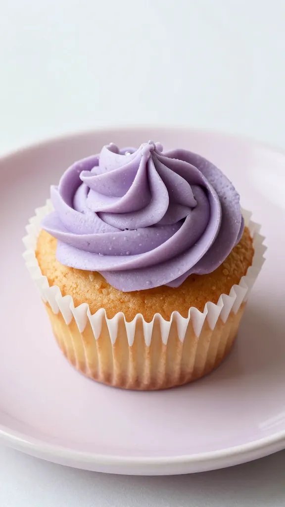 Closeup of a single lavender cupcake on pastel plate