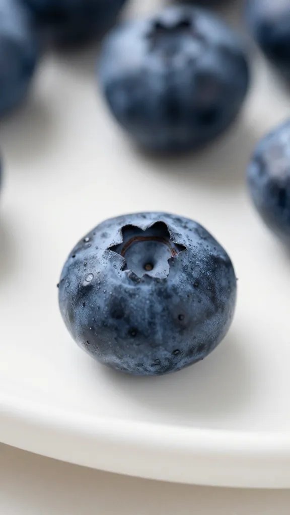 Macro shot of a single blueberry on white ceramic dish