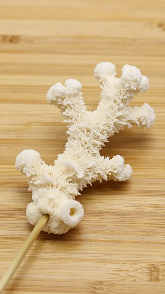 Closeup of a single coral fruit skewer against bamboo board