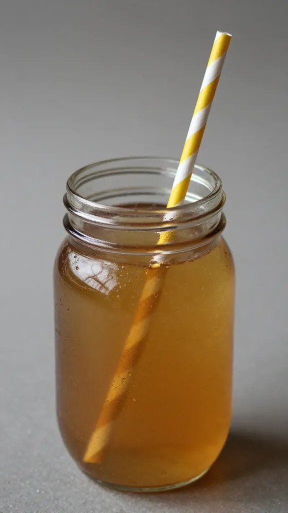 Focused image of one amber mason jar with striped straw