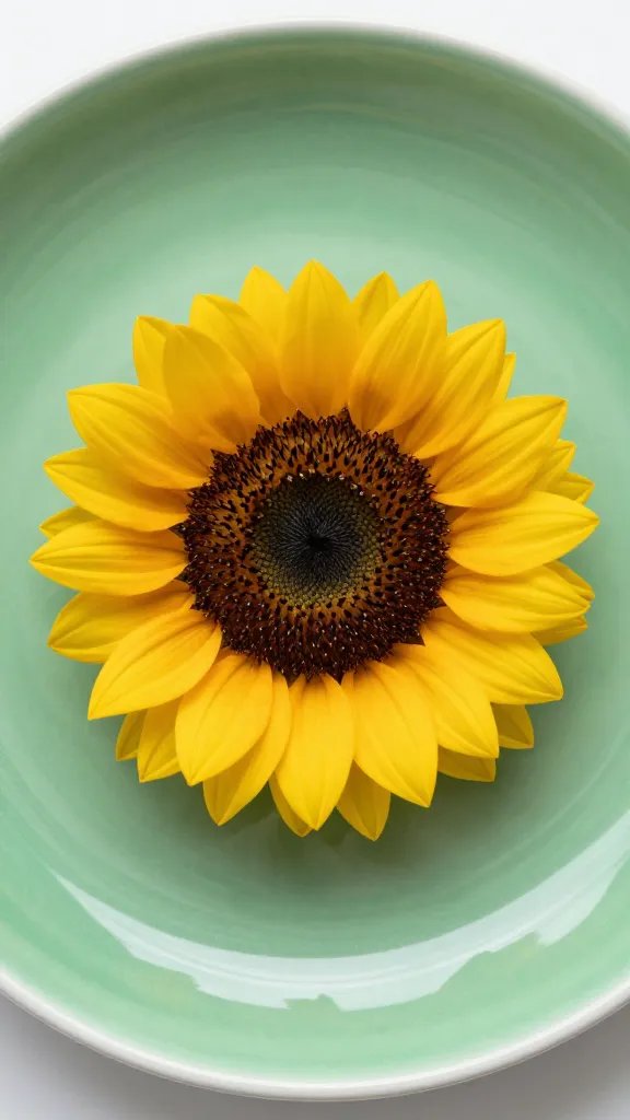 Closeup of a single sunflower garnish on green ceramic plate