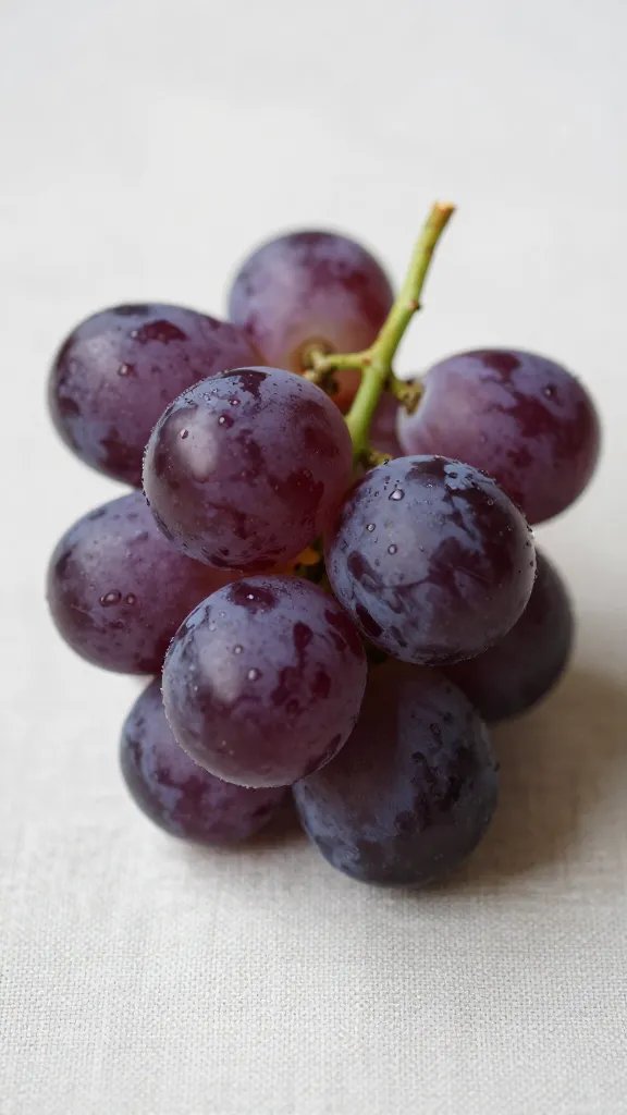 Sharp closeup of a single purple grape on linen tablecloth