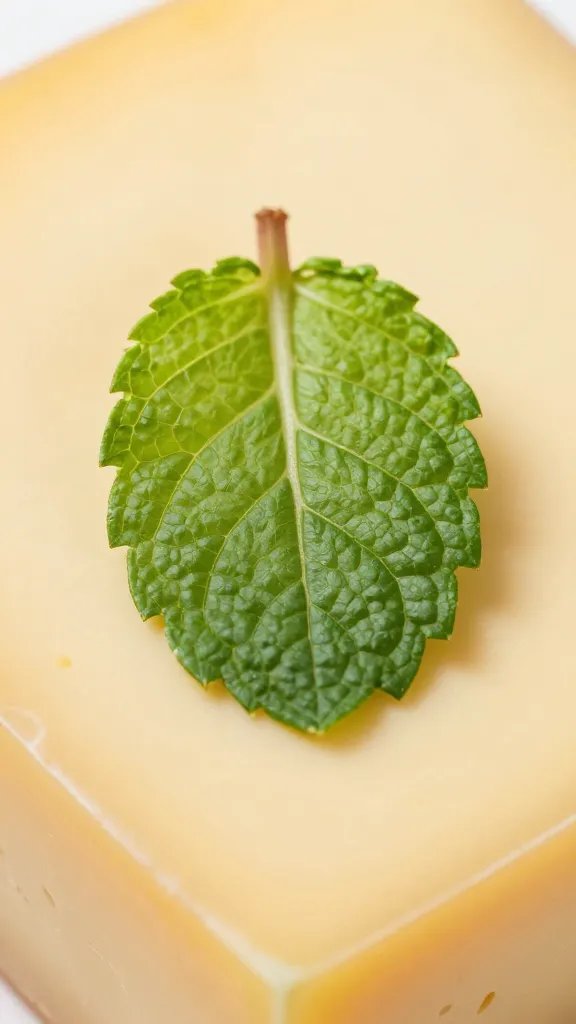Closeup of a single mint leaf atop a cheese slice