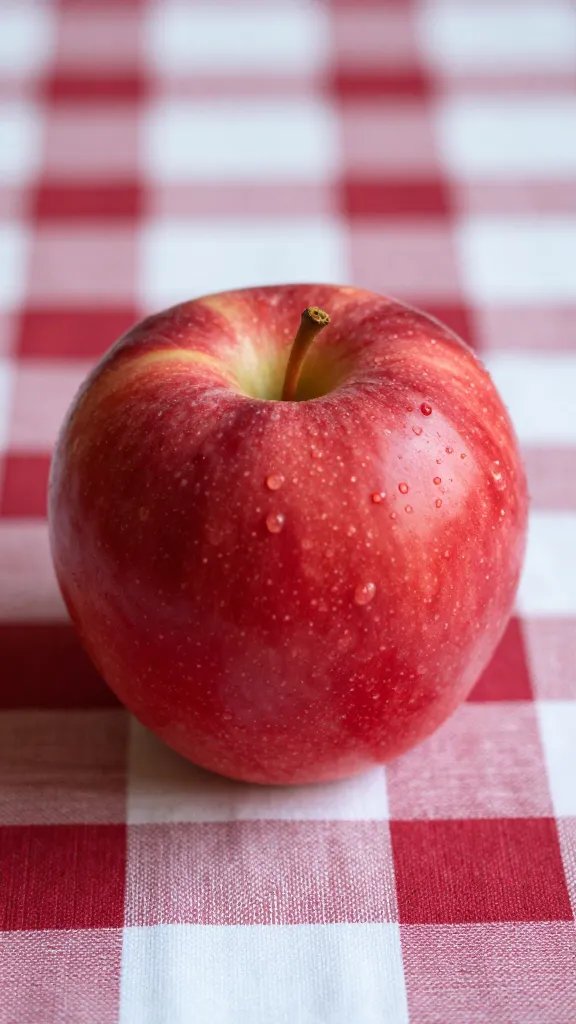 Focused shot of a single red apple centerpiece on plaid cloth