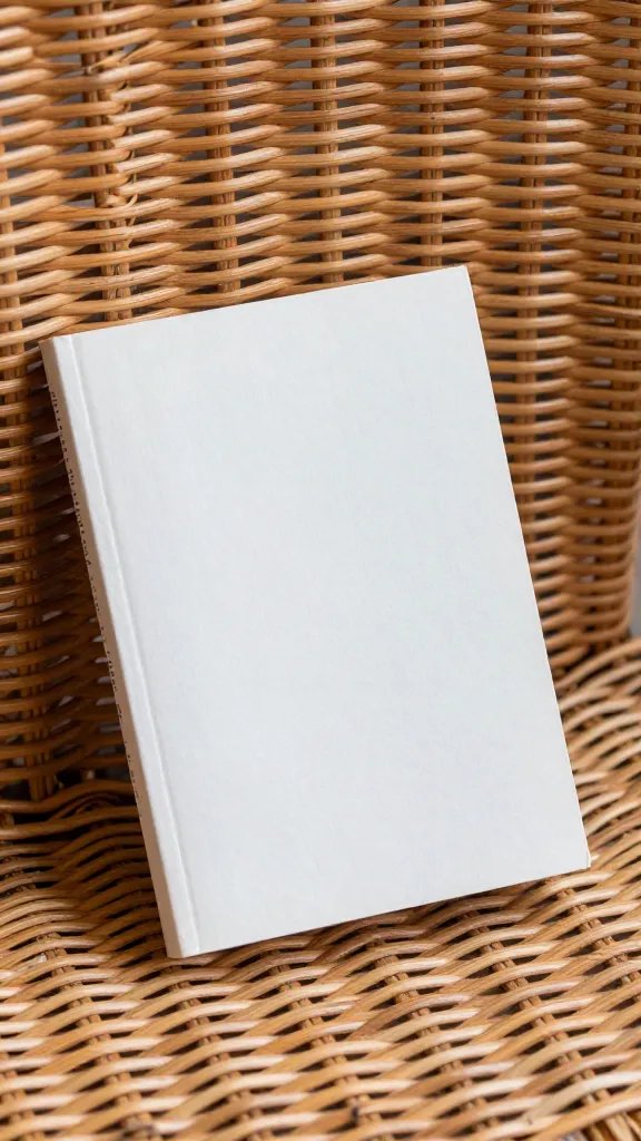 closeup of a single copy of a novel resting on a wicker chair