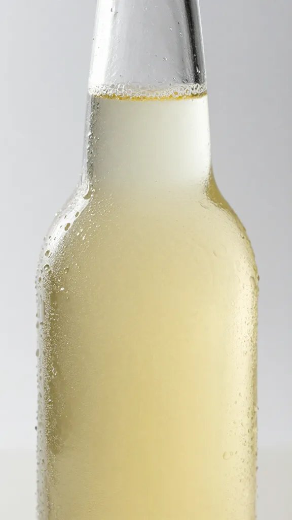 closeup of a glass bottle of sparkling lemonade with condensation