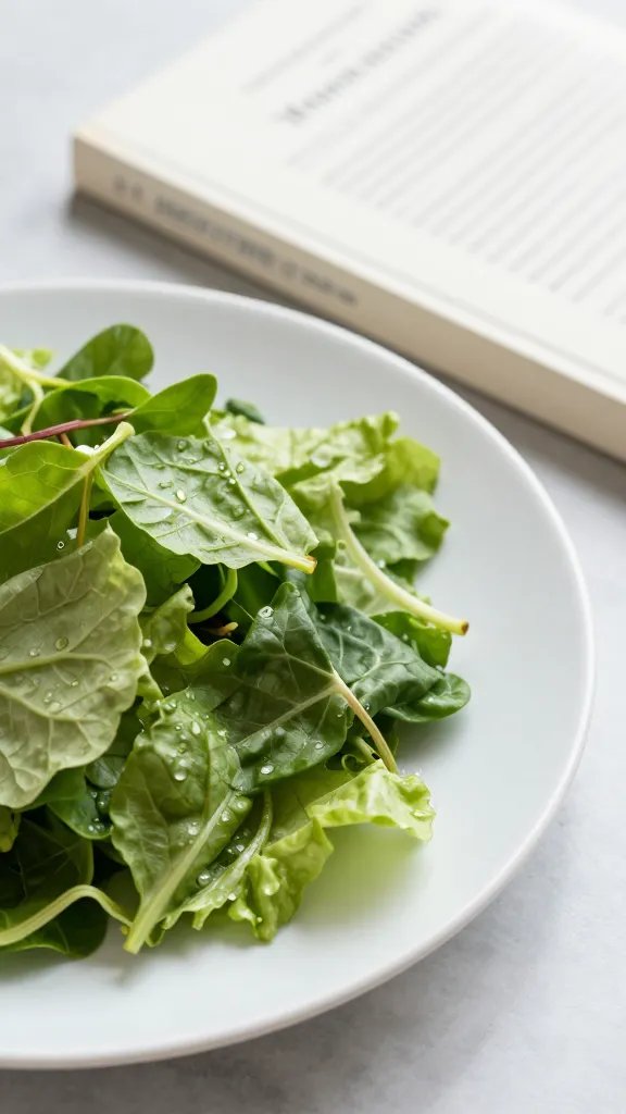 closeup of a single green salad plate beside a paperback novel
