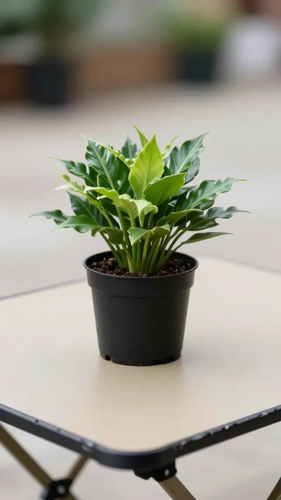 closeup of a small potted plant centerpiece on a folding table