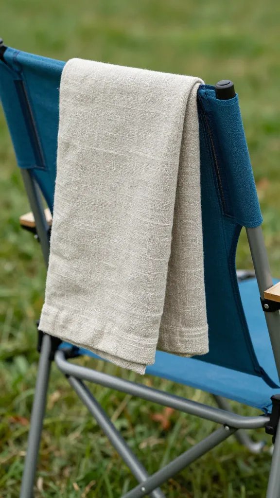 closeup of a folded lawn chair with a linen napkin draped over it