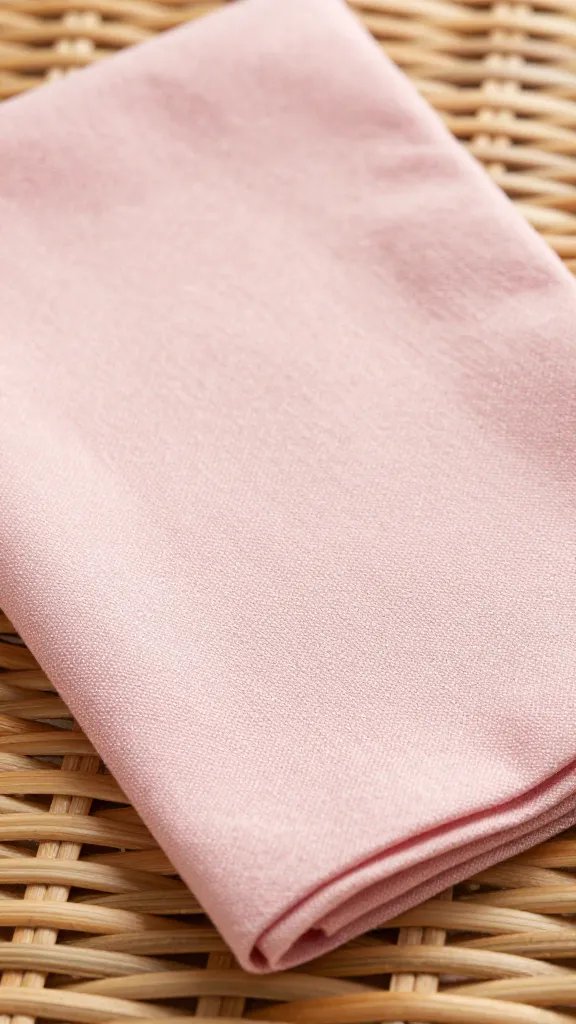 closeup of blush pink napkin with wicker placemat texture