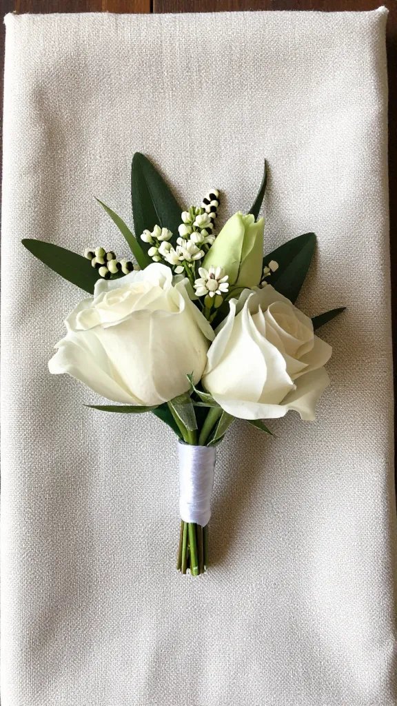 closeup of a single floral boutonniere on linen napkin